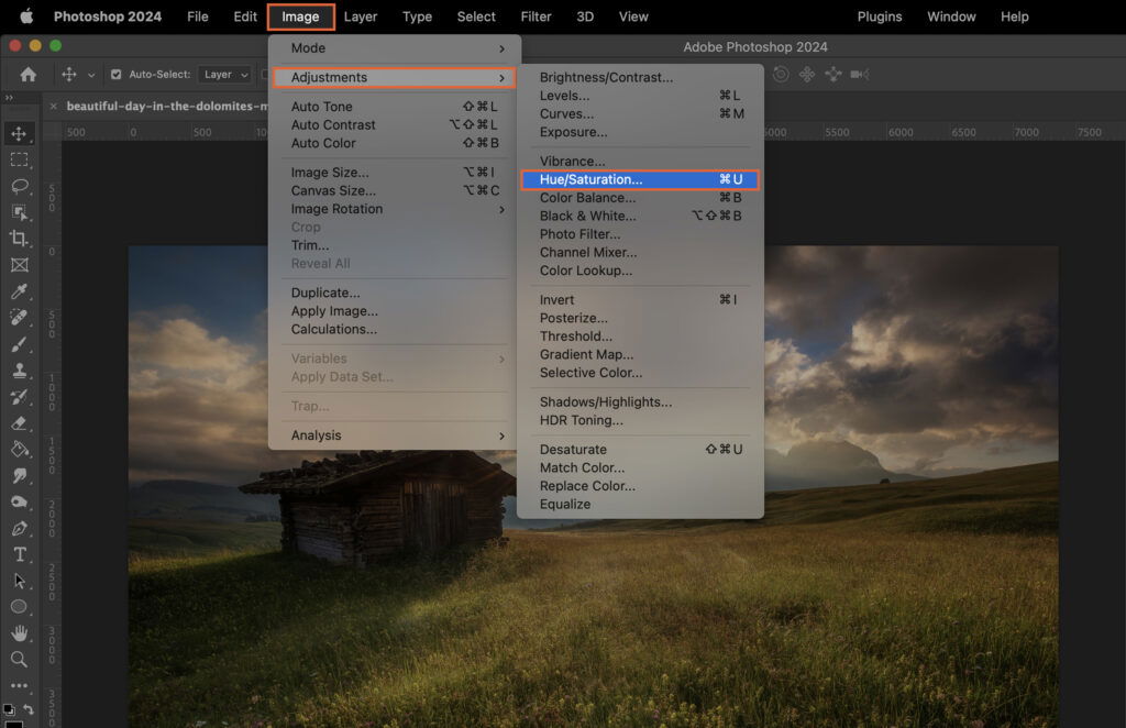 Adobe Photoshop application open, showcasing a dropdown menu for adjusting settings on an image. 