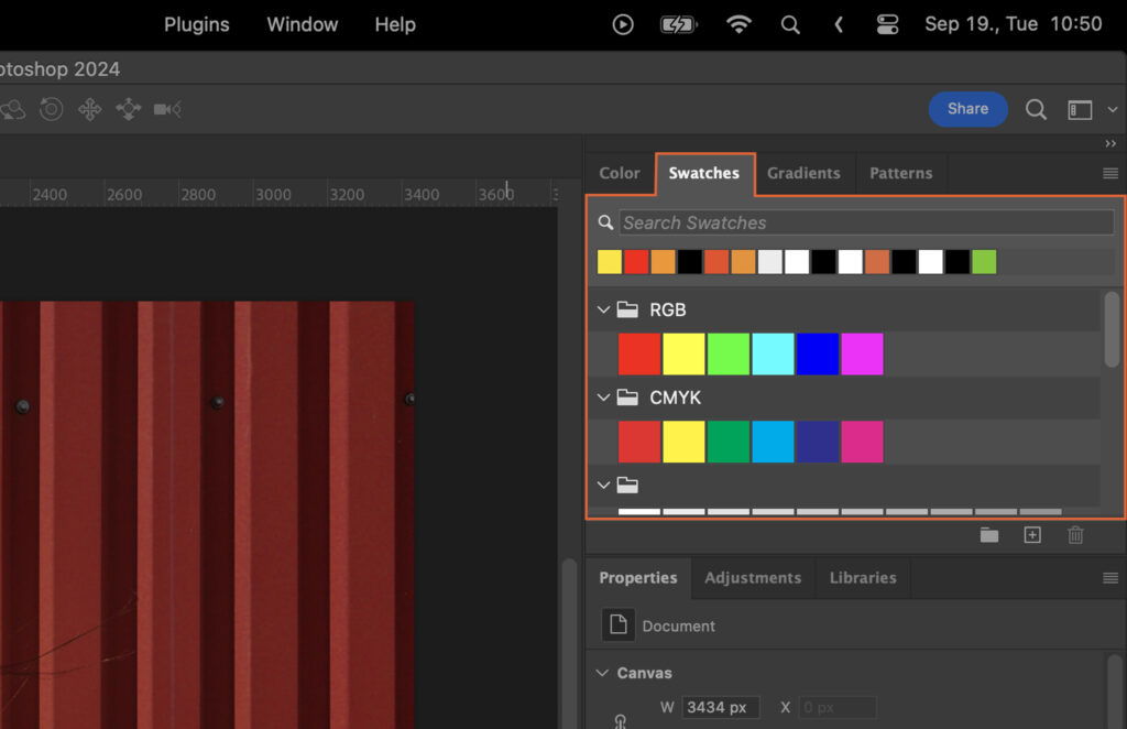 Adobe Photoshop with the color palette open, featuring red, orange, yellow, green, blue, and purple hues.