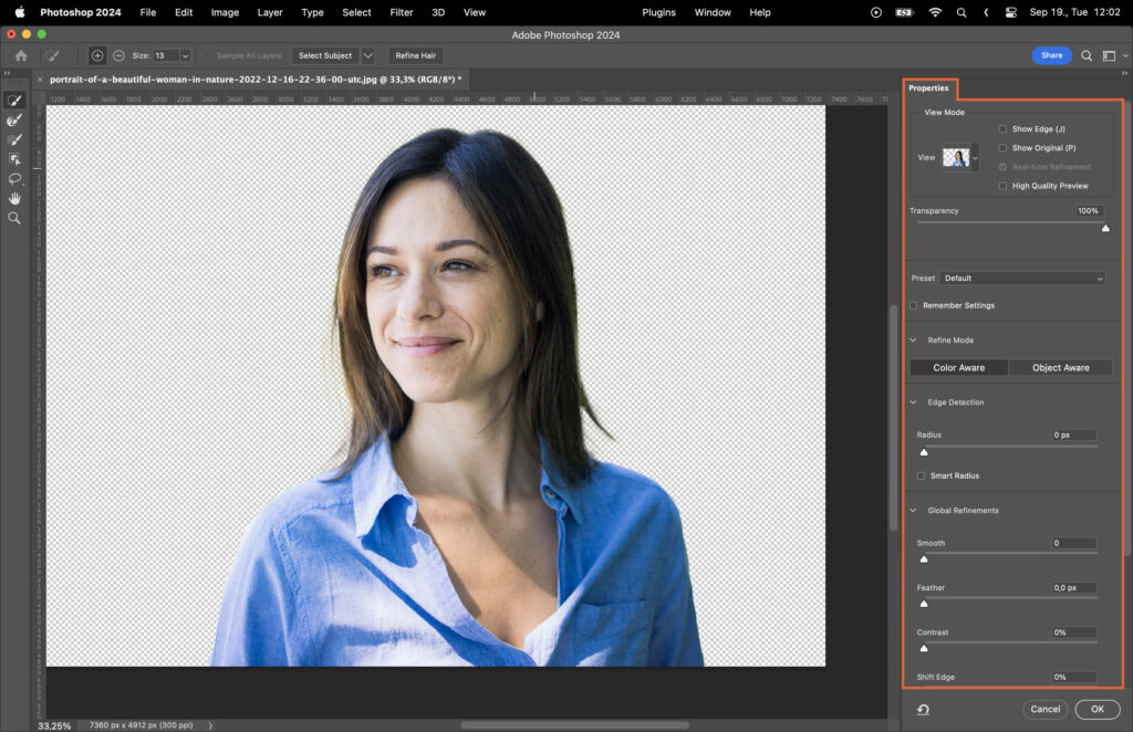 An Adobe Photoshop interface with an edited photograph of a woman.