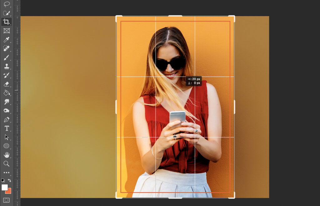 A woman in red top holding phone, with a yellow background and overlaid graphic elements. 