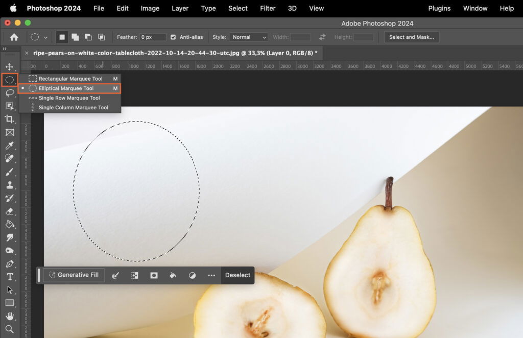 The Adobe Photoshop interface, showing a photo editing process with visible tool settings and an apple image on the canvas. 