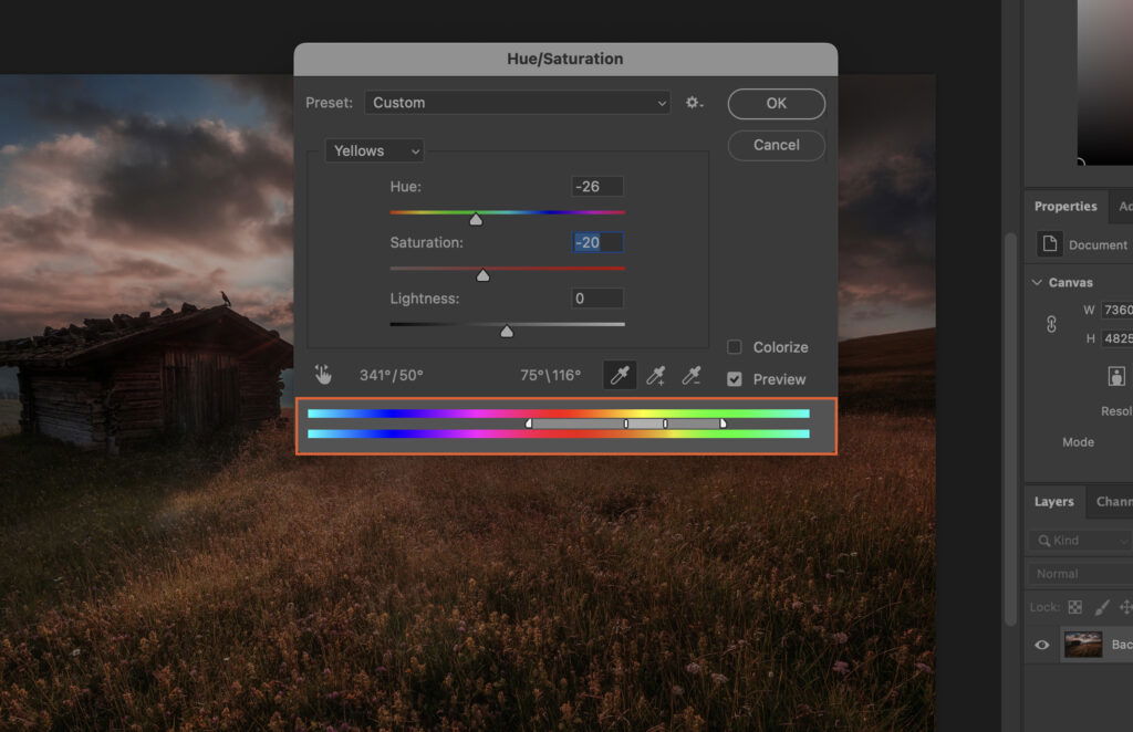 A photo editing software where a vibrant and lively rural landscape image is being edited.