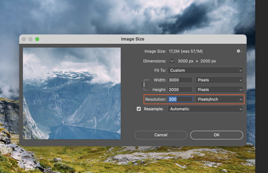 A software image editing tool with a scenic mountain view as the subject.