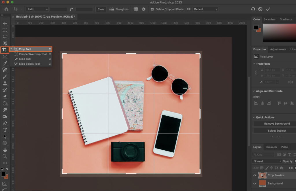 A graphic design software interface, with elements of a workspace scene arranged on top of it. 