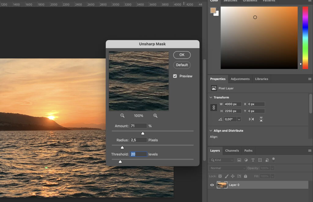 A photo editing software, showcasing an ocean sunset image under various filters and settings. 