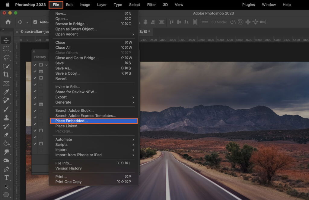 Adobe Photoshop, with the file browser open and the current folder highlighted. 