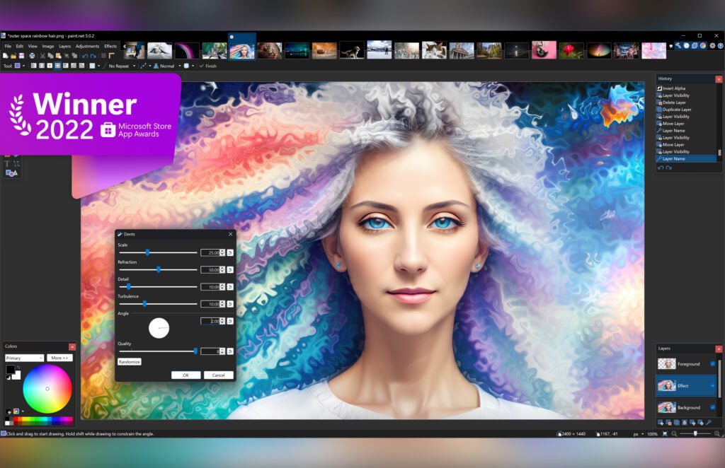 A colorful, vibrant digital graphic with a womans face as the centerpiece and a rainbow gradient in the background. 