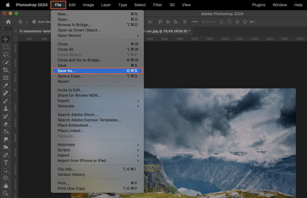 Adobe Photoshop displaying its user interface, where the dialog box for exporting an image is open and active. 