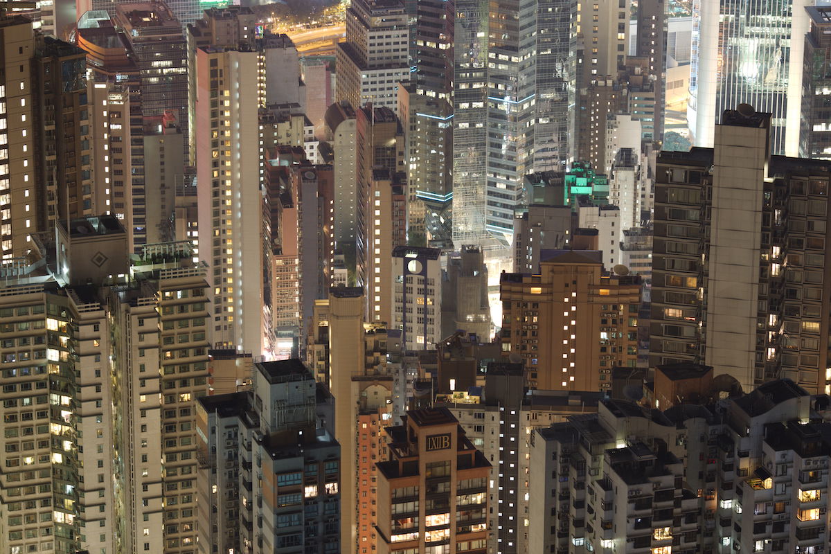 RAW image of city buildings at night