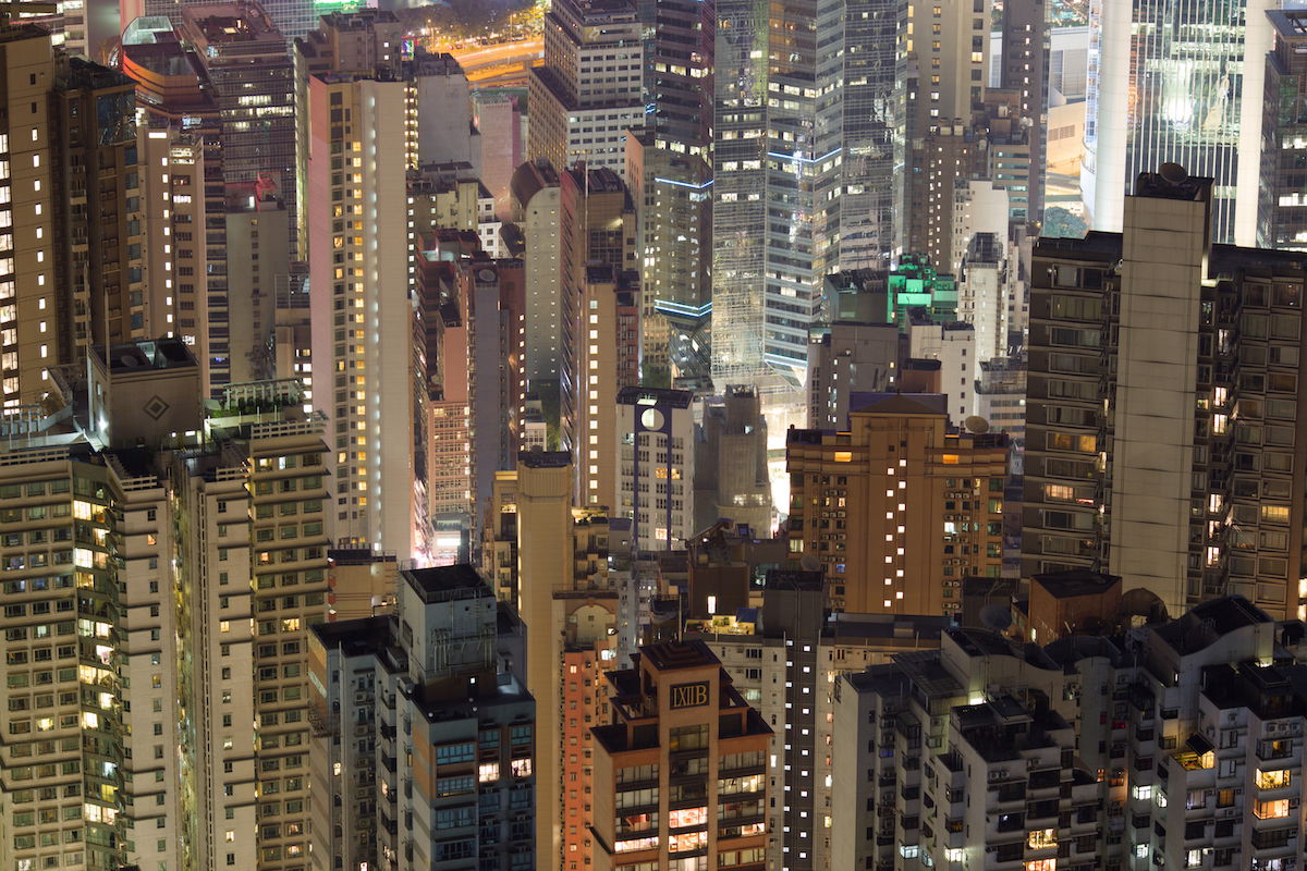 RAW image of lit buildings at night