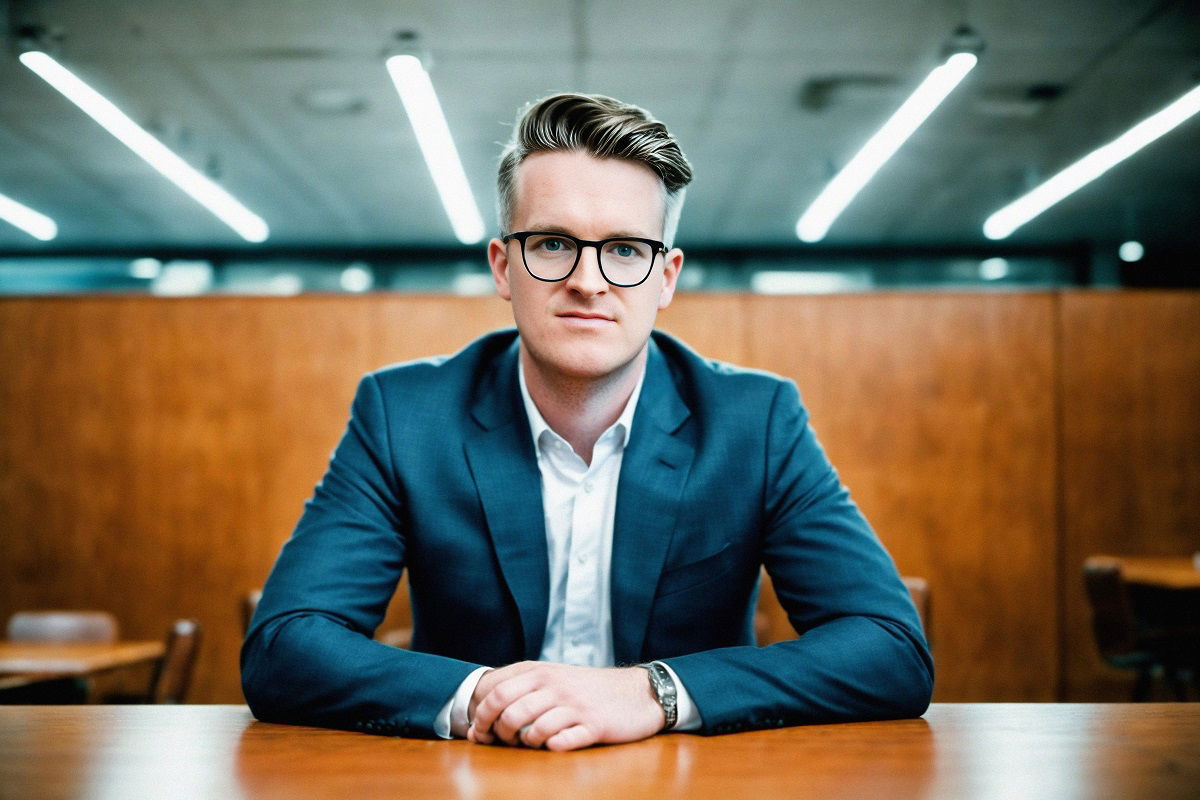 PhotoAI image of Josh sitting at a table in a blue suit facing the camera