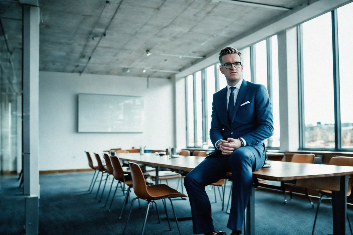 PhotoAI image of Josh sitting on a boardroom desk