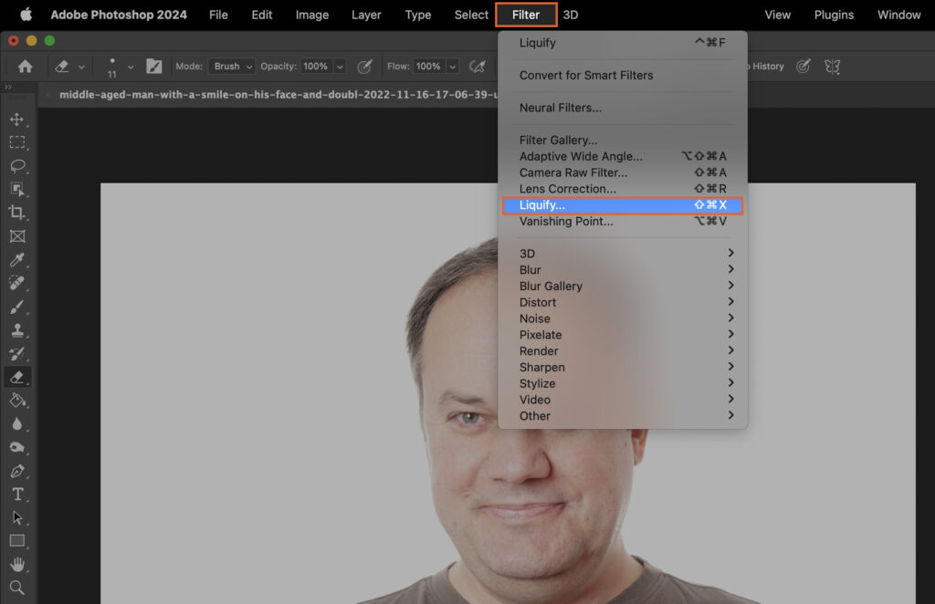 Adobe Photoshop interface, where a user has selected and is editing a photo of a man.