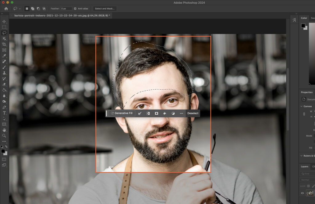 Adobe Photoshop window, with a collage of three different pictures on the canvas and a man, presumably an artist or designer, in the center background with a beard, smiling at the camera. 