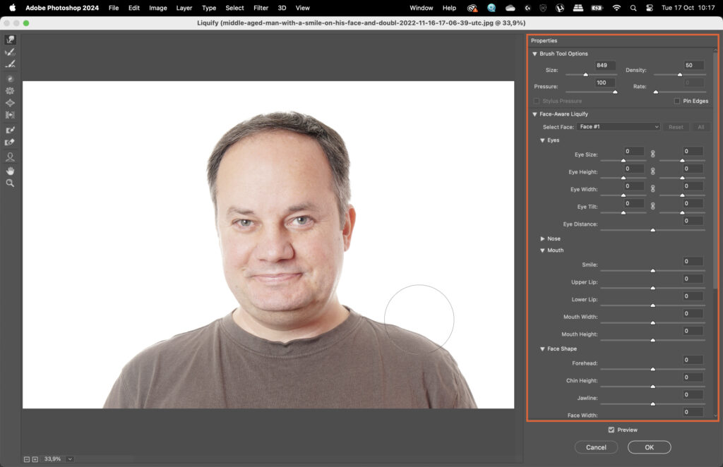 An editing software interface with a mans face on the left side, showing various editing tools and settings. 