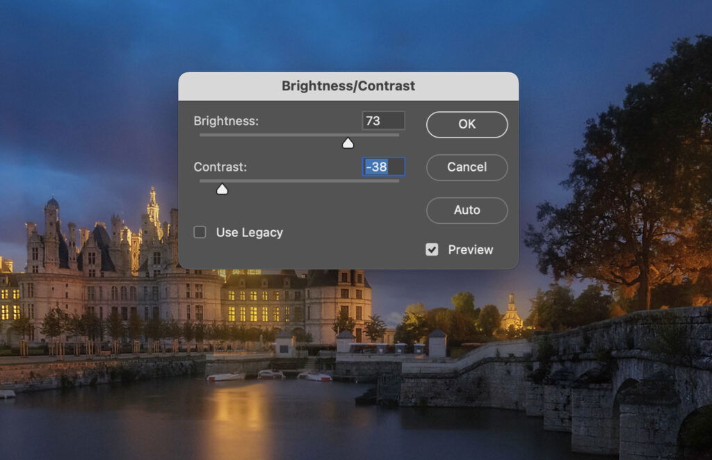 A dialog box open, displaying contrast adjustment options for a photo. 