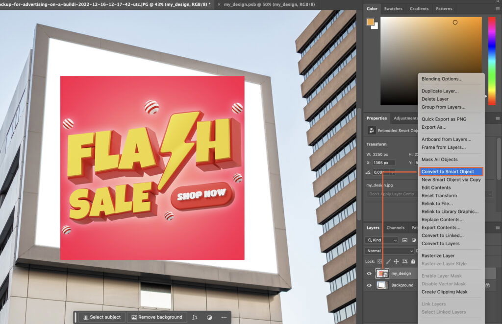 An Adobe Creative Suite tool, possibly Photoshop or Illustrator, with a billboard design featuring the text Flash Sale Shop Now displayed on a virtual sign in front of a building. 