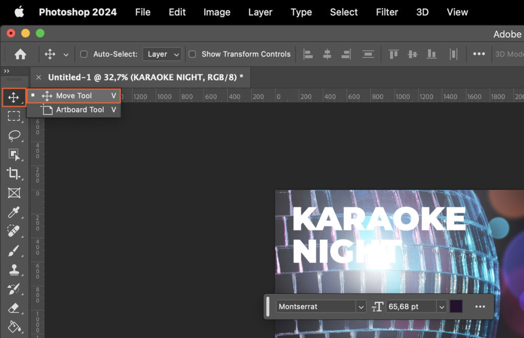 Adobe Photoshop program with various panels and tools open, with a watermark indicating Karaoke Night in the center. 