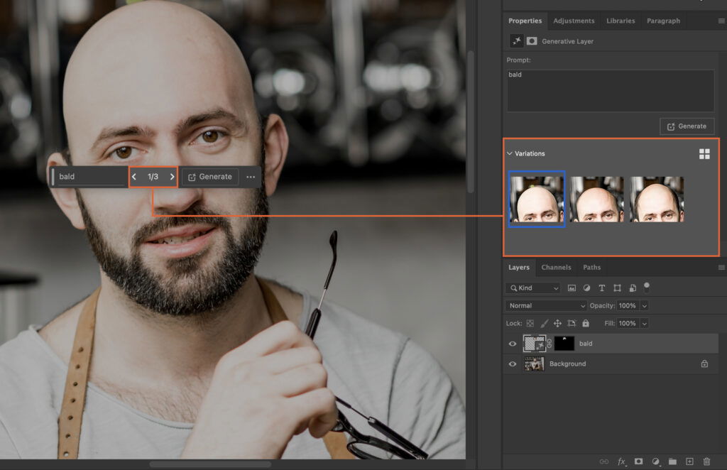 Adobe Photoshop where an image of a mans head has been edited and placed on a body, showing the layer adjustment tool in action. 