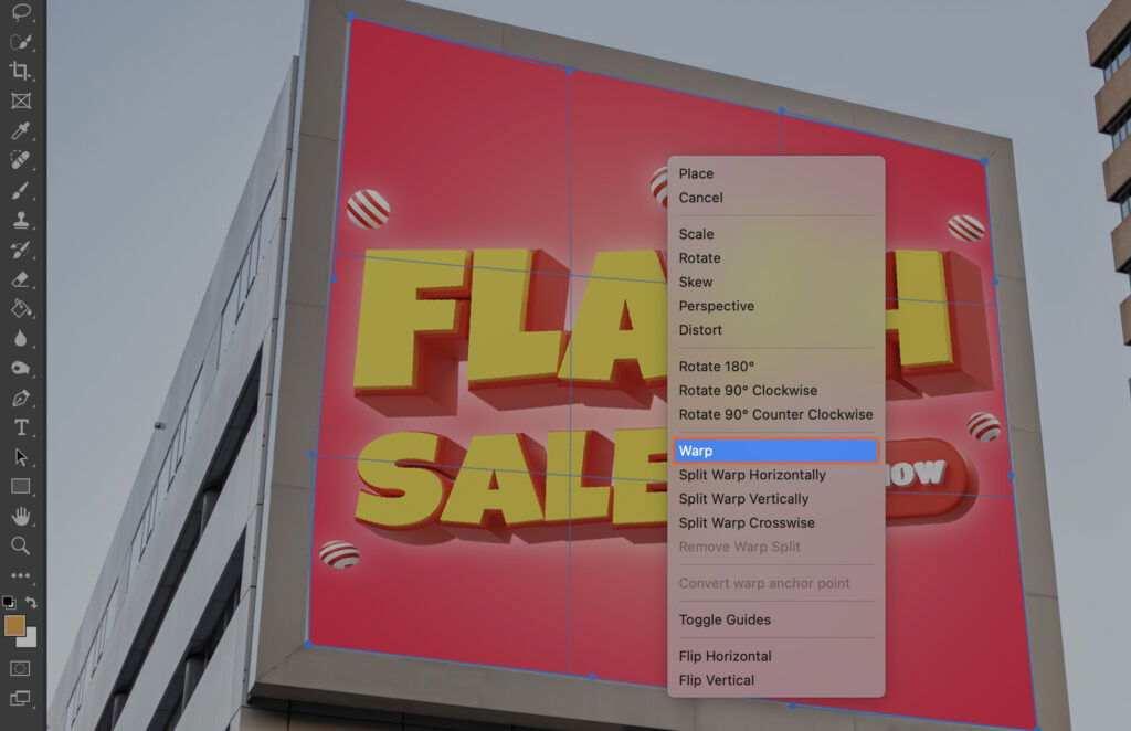 A digital advertisement with text on it, surrounded by a building with signage, and the interface of a computer program with its options highlighted. 