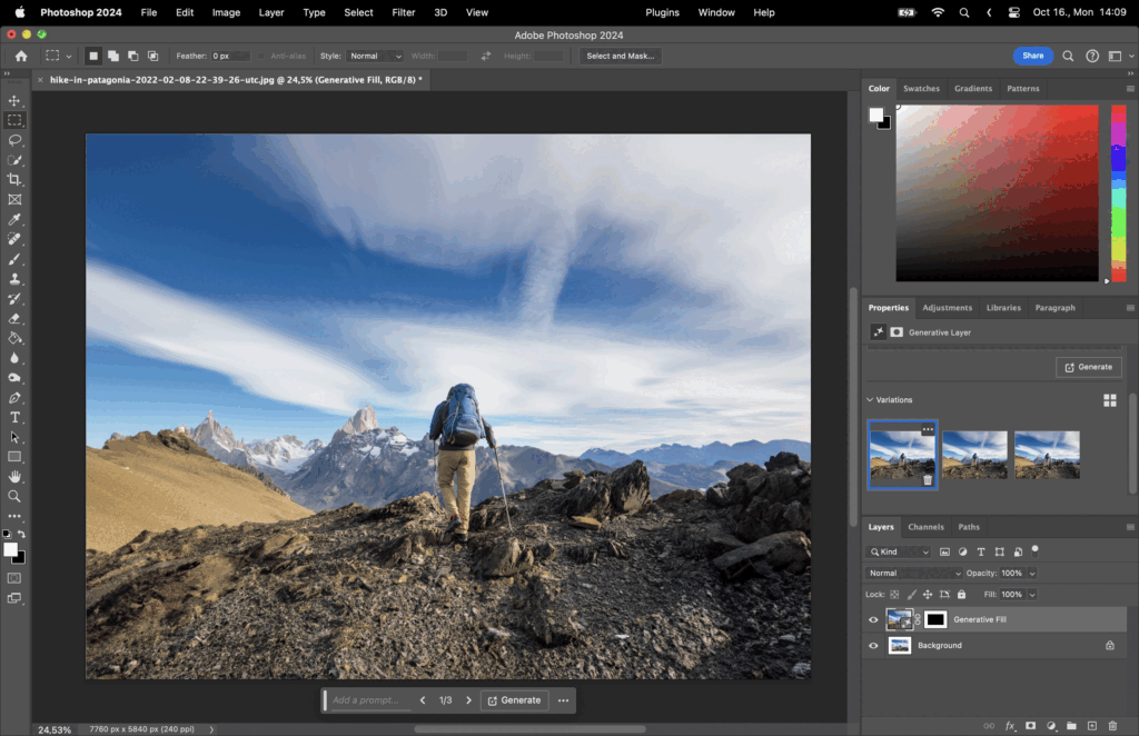 A nature landscape with mountains and clouds, along with tools for editing the photo. 