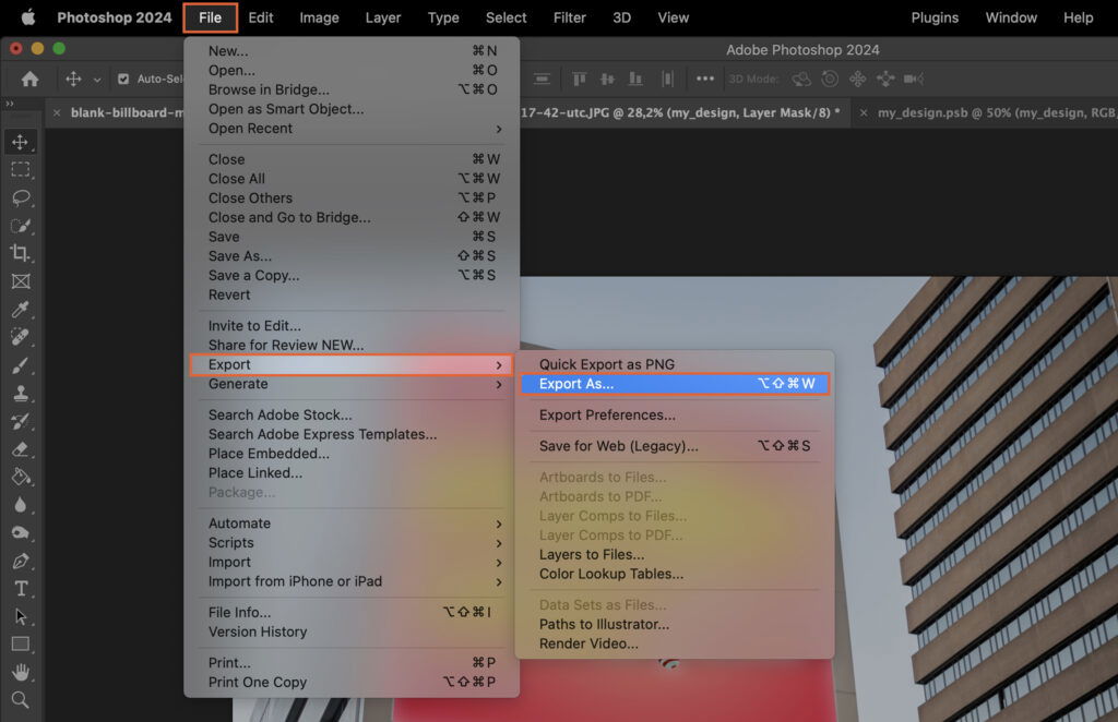 Photoshop open, showing the user interface and tool options. 