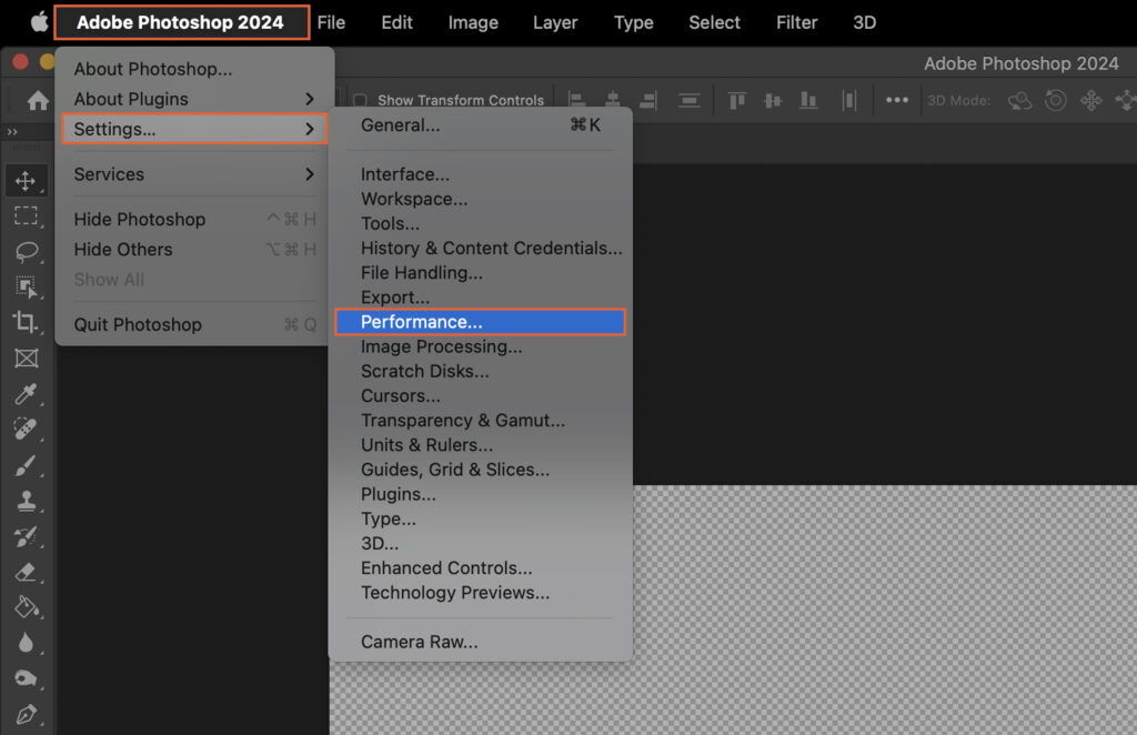 Adobe Photoshop interface with various tools and options highlighted, including the performance tool. 