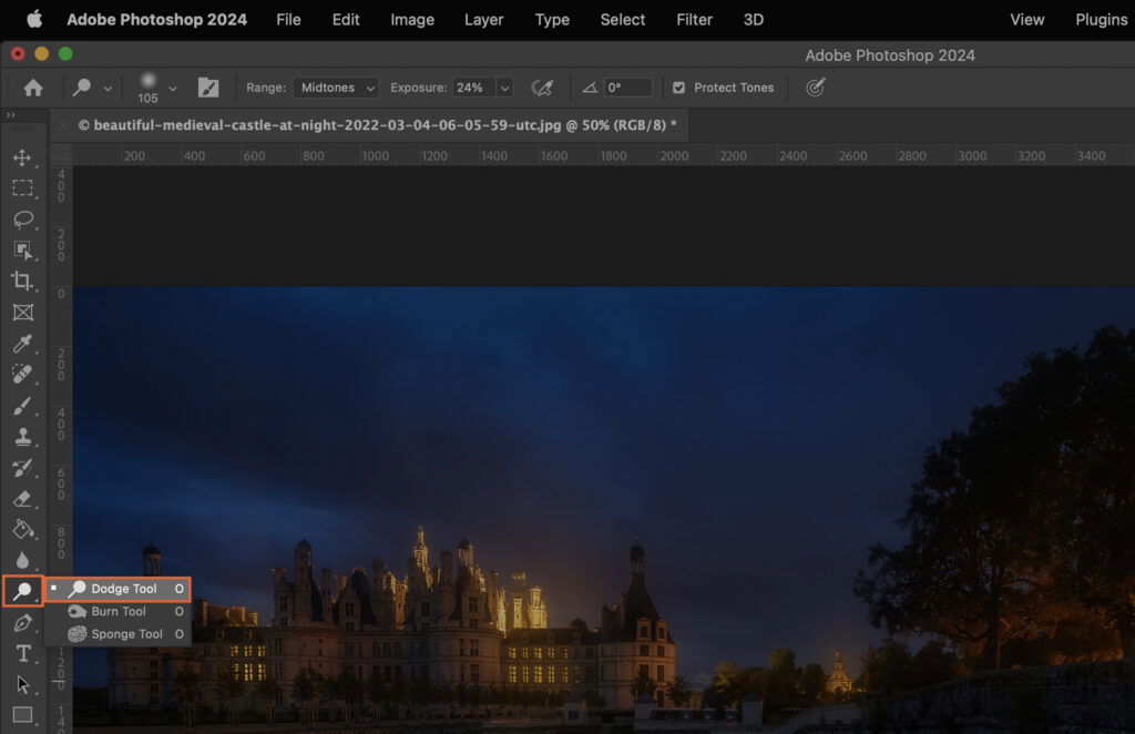 A photo editing software, where a royal palace is being edited with various tools in the upper right corner. 