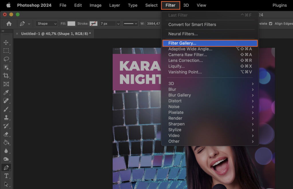 Adobe Photoshop interface, with an open document containing a graphic design project.