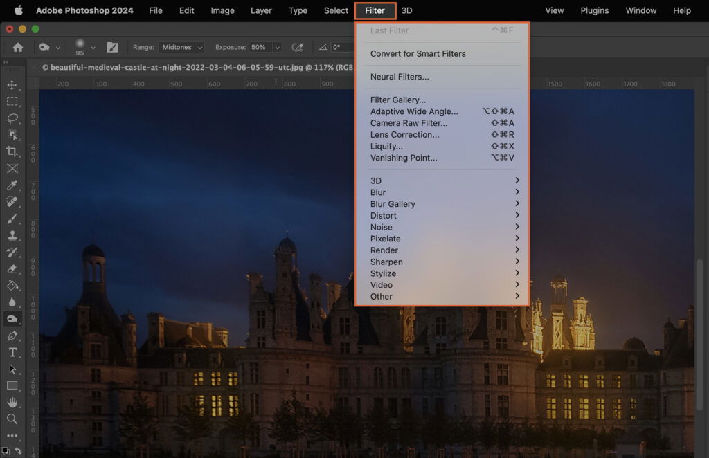 The Photoshop interface with a photograph of a city skyline and various editing panels open.