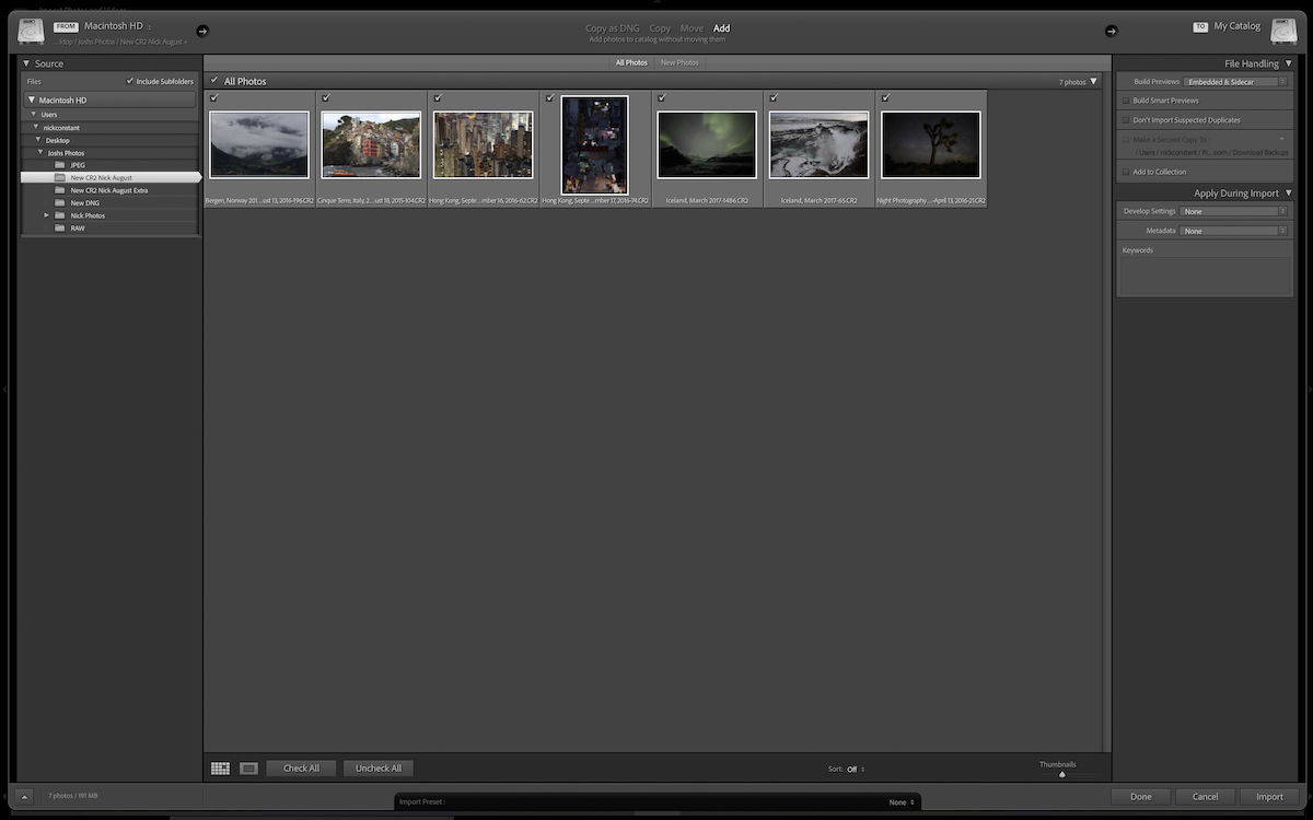 Screenshot of Lightroom Classic import interface