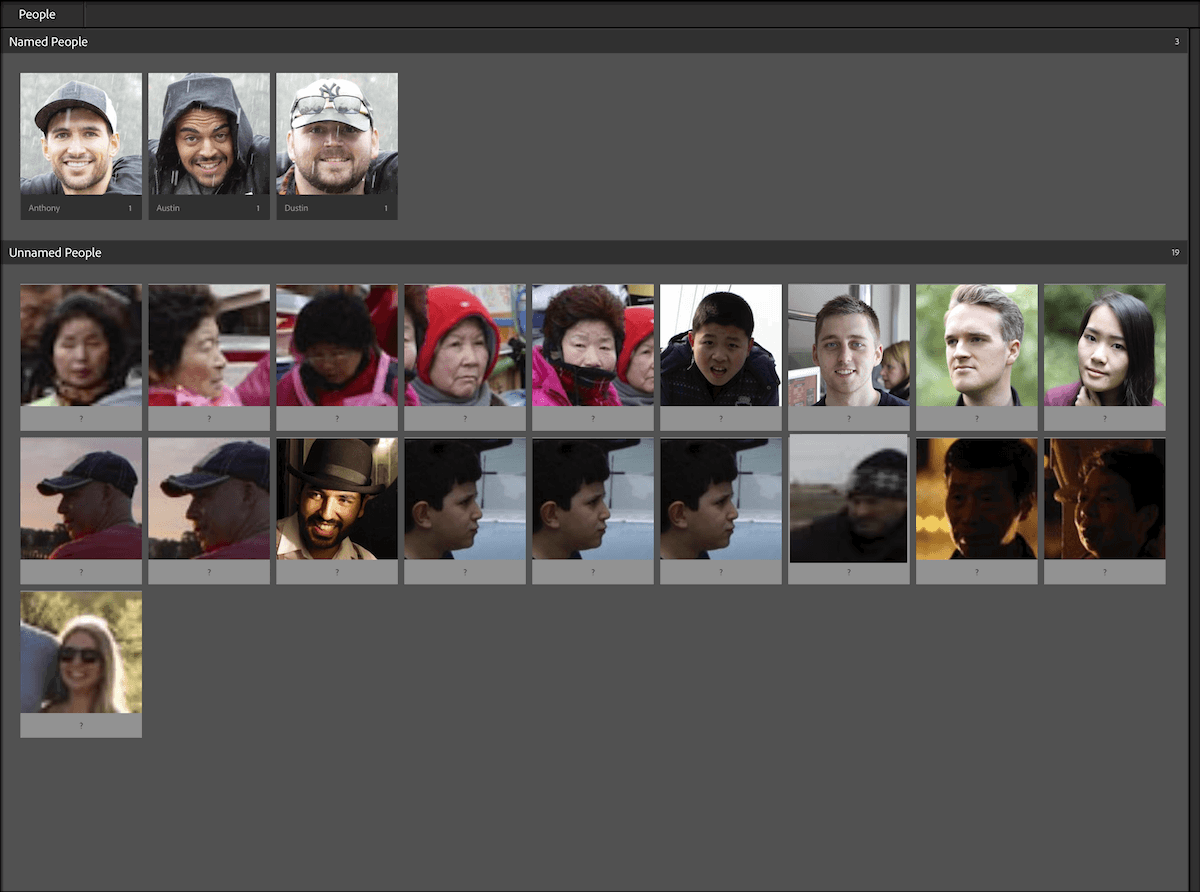 Screenshot of images of people in them sorted by AI in Adobe Lightroom classic