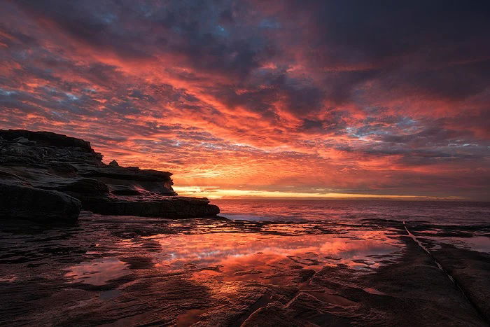 Coastal sunset with colorful broken cloud cover in the sky