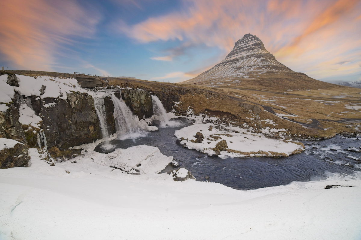 image of a waterfall with a mountain in the background in the snow edited in ON1 Photo RAW 2024