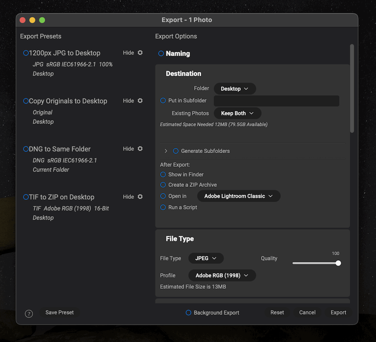 Exporting interface in ON1 Photo RAW 2024