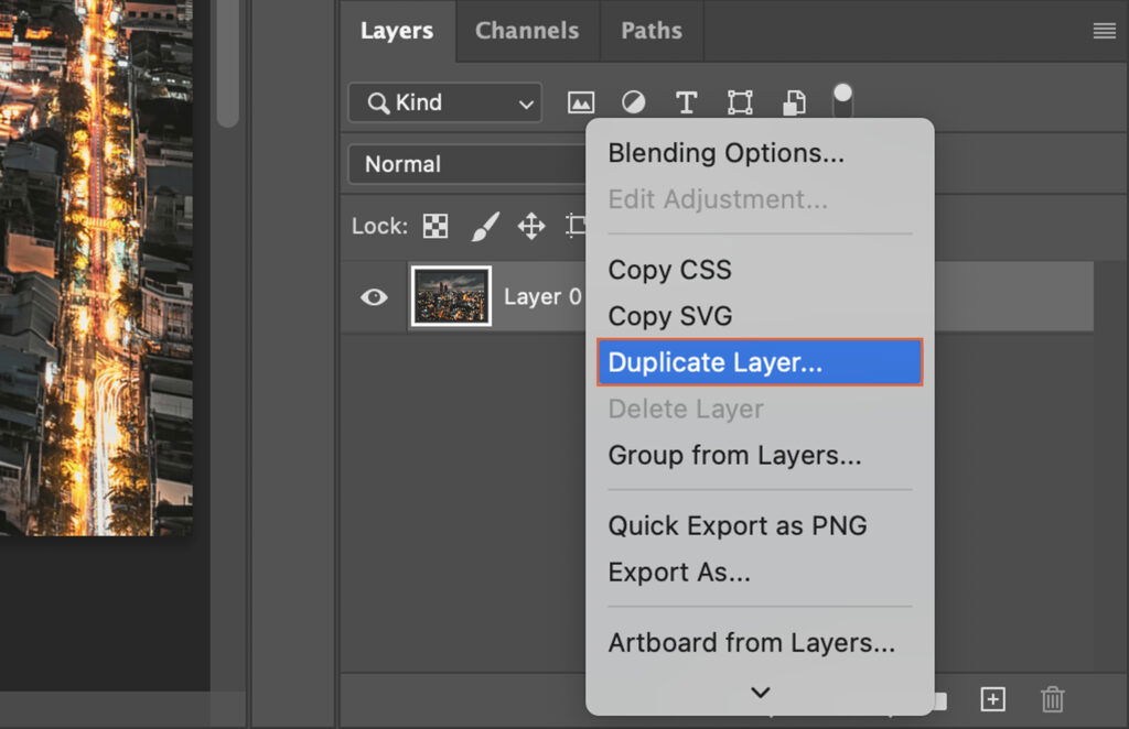 A photo editing program showing the layers panel where a group is selected and the word duplicate highlighted, offering the option to duplicate the layer. 