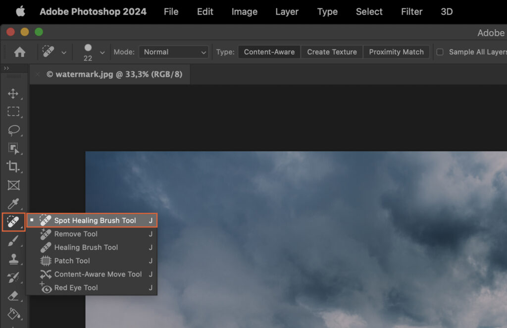 Adobe Photoshop with the interface elements and tools highlighted. 