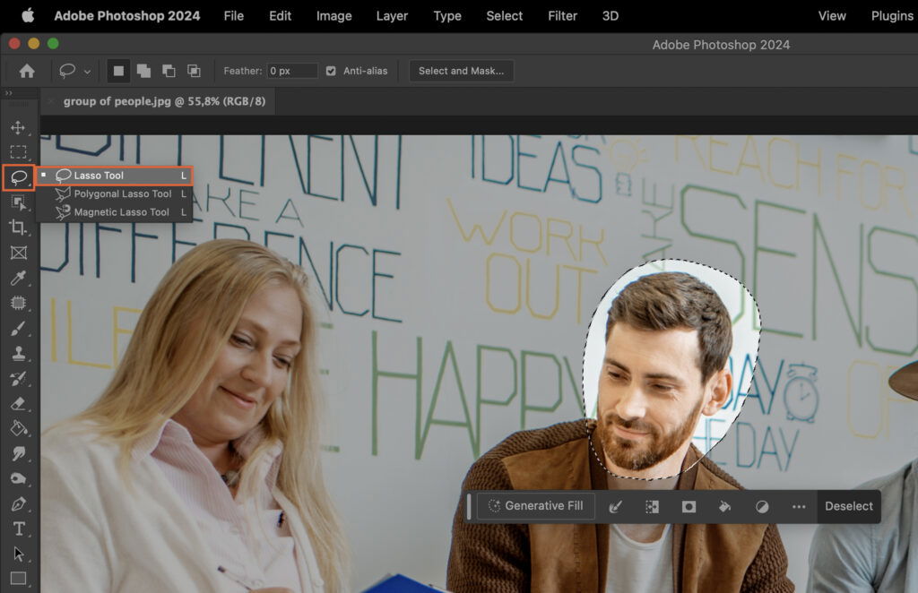 Adobe Photoshop interface, showcasing the use of a layering effect to combine two photos in one frame, with one man and woman interacting with each other. 