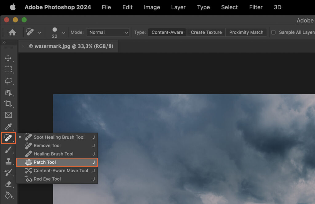 A photo editing software interface with a cloudy sky photograph as the active project, with various tools and settings highlighted in an overlay tutorial. 