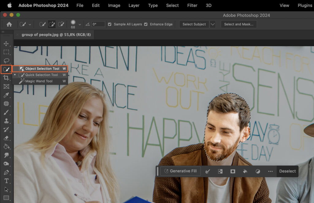 Adobe Photoshop software interface, with various tools and panels visible. 