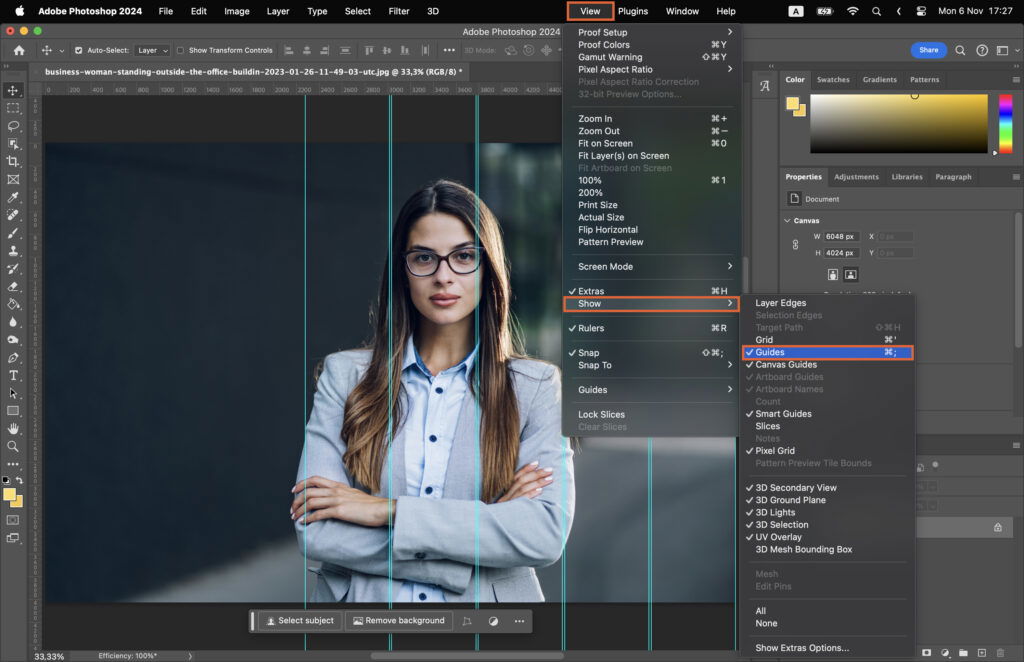 The Adobe Photoshop interface with a woman posing in the center.