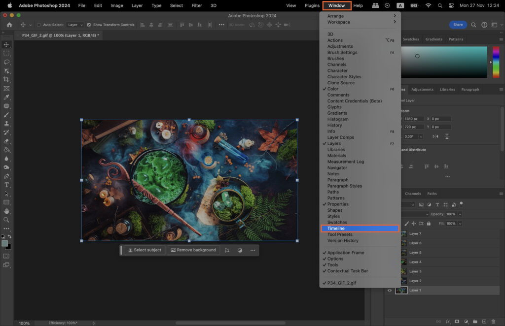 The timeline option in Photoshop.