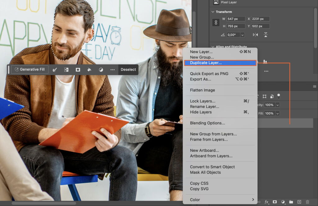 A photo editing software with a finished image displayed, showing two men sitting in front of each other. 