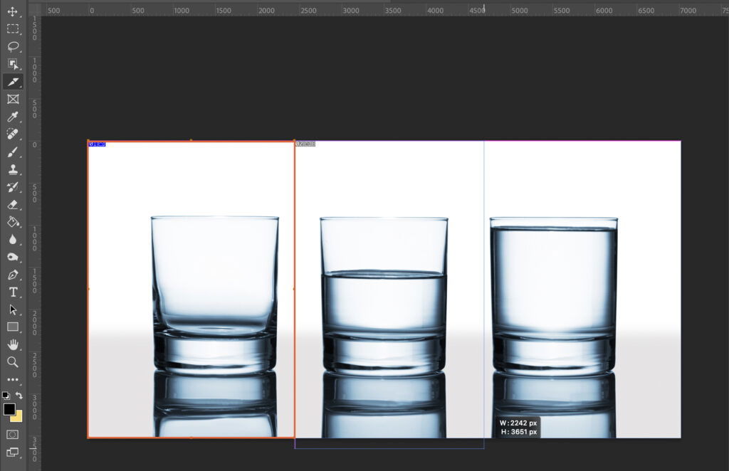 Three clear glasses on a white surface, side by side, in an advertisement. 