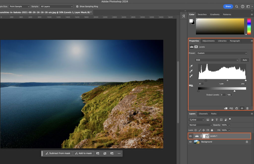 A photo editing software, showcasing its features through an example photograph of a scenic landscape. 