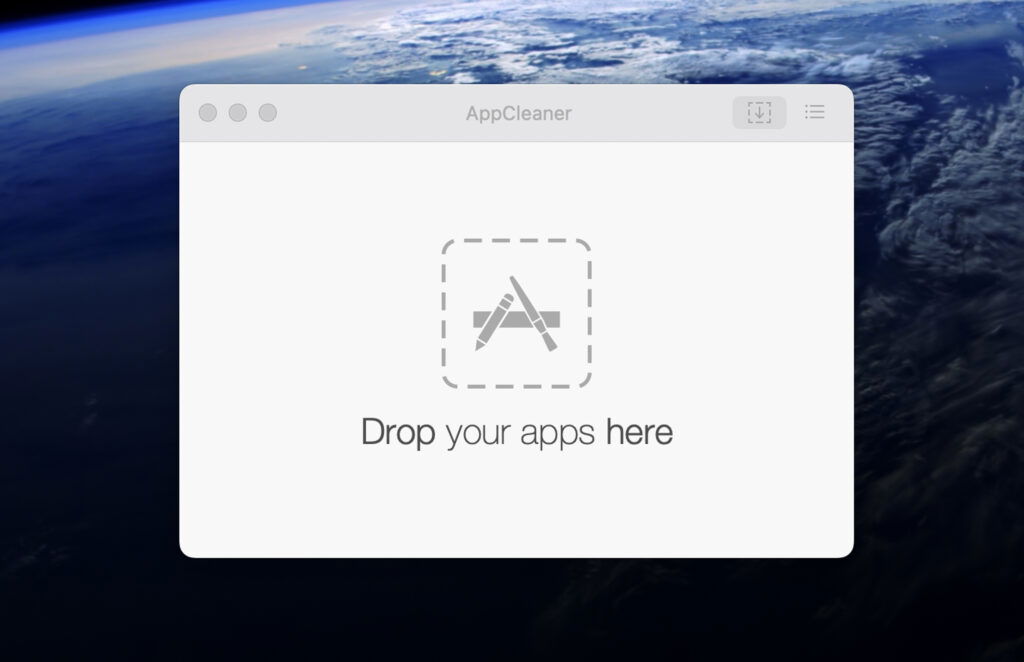 A popup window with a message to drop your apps here and an image of a planet.