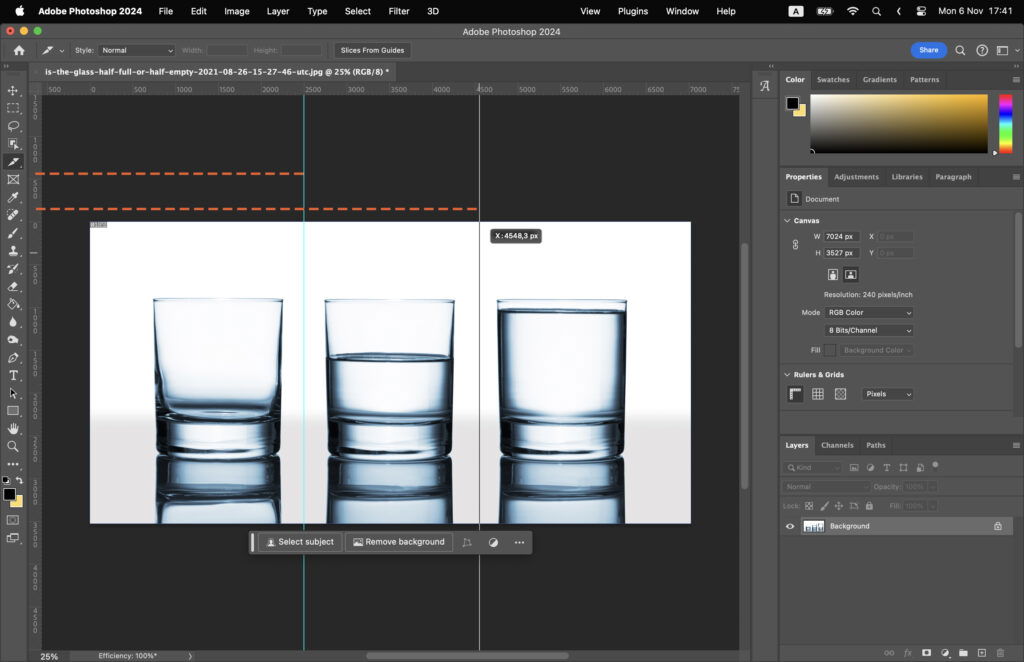 Adobe Photoshop program with an image of three glasses on the canvas, displayed on a computer monitor. 