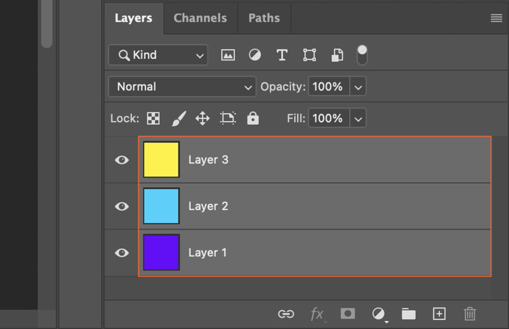 Adobe Photoshop interface, featuring the Layers panel with three layers in color: red, blue, and yellow. 