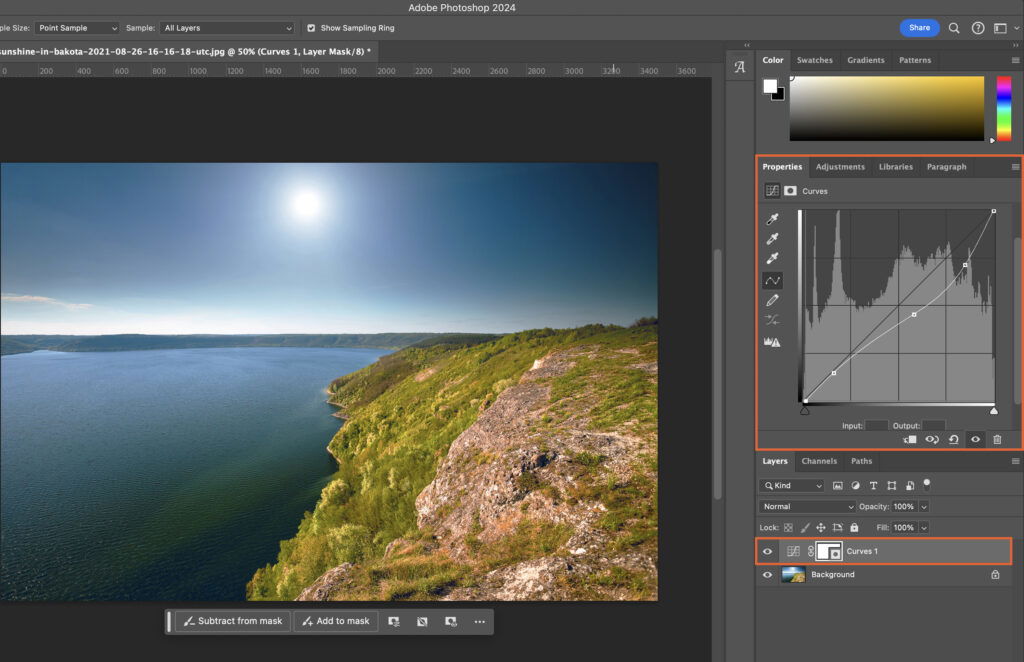 Editing tools and a panoramic photo open, showcasing an outdoor landscape. 