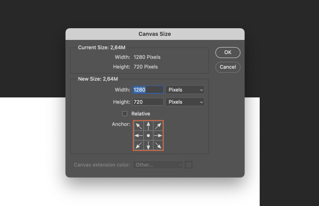 A dialog box with options for adjusting the canvas size in Adobe Photoshop.